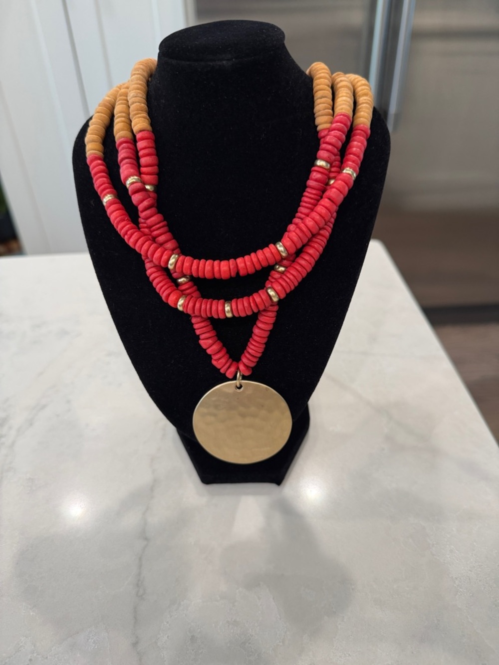 Chico's Red and Tan Layered Beaded Necklace with Gold Disc